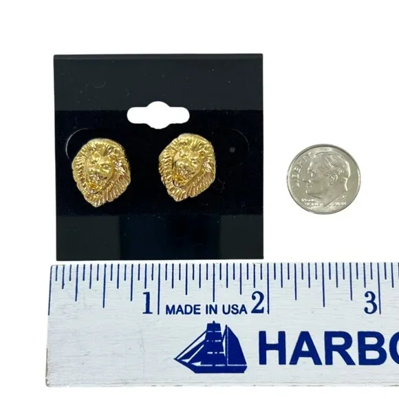 VTG Signed KJL Kenneth Jay Lane Gold Plated LION HEAD Stud Earrings Pierced - Picture 4 of 7